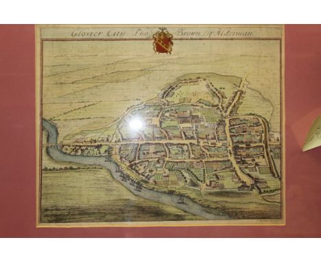AFTER CHRISTOPHER SAXTON "Oxoniensis", colour print, together with AFTER J. KIP "Gloster City", colour engraving, and two sma
