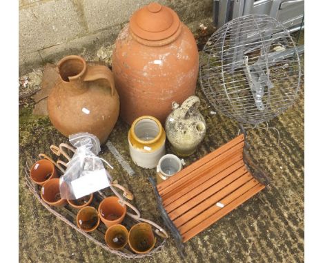Various garden items, to include three-tier planter, wooden bench, iron gate, terracotta pots, miniature garden bench, etc