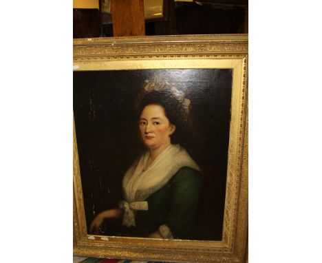 19TH CENTURY ENGLISH SCHOOL "Lady in green dress and bonnet" half length portrait study, oil on canvas, unsigned, in large gi