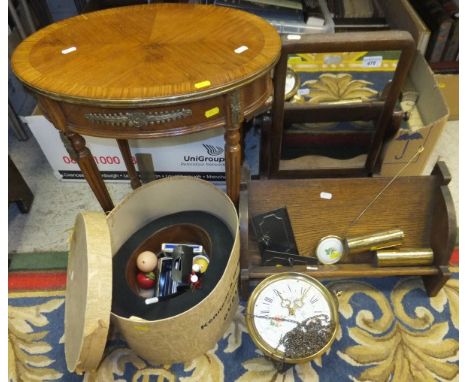 A small oak book trough, a Victorian toilet mirror, a Kennedy & McSharry of Dublin top hat box with top hat, a wall clock, et