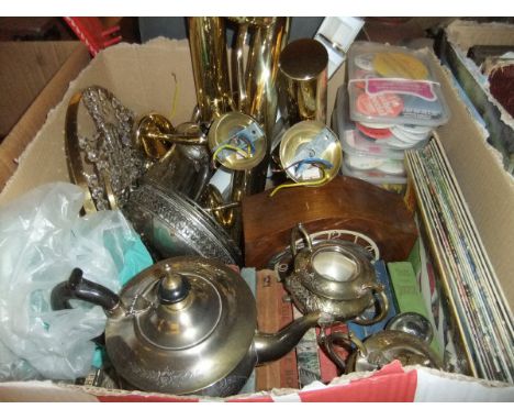 A box containing a mahogany cased mantel clock, various plated wares, assorted vintage books, a hanging lustre light, various