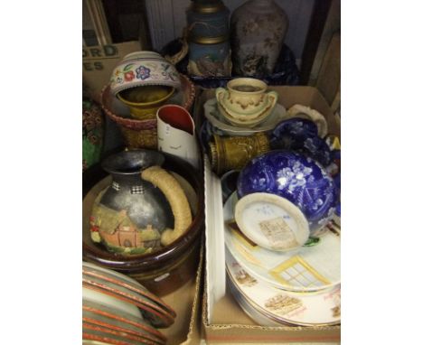 Two boxes of china to include Poole Pottery bowl, Burleighware vase, etc., together with a blue and white transfer decorated 