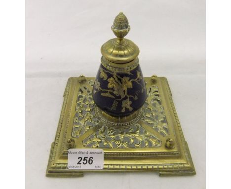 A 19th Century brass mounted inkwell with gilt decorated glass body