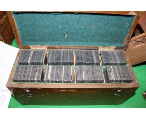 A box of various stereoscope slides, a box of printing blocks, moulding plane stamped "Mathieson & Sons", a boxed "Brick Play