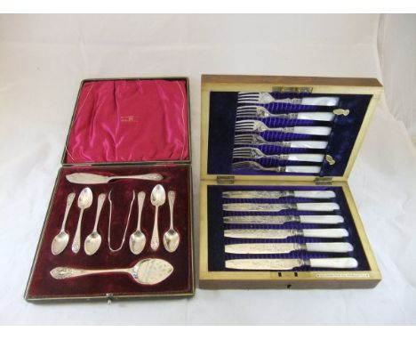 A cased set of six Edwardian silver teaspoons with matching butter knife, jam spoon and sugar tongs (Sheffield and Chester 19
