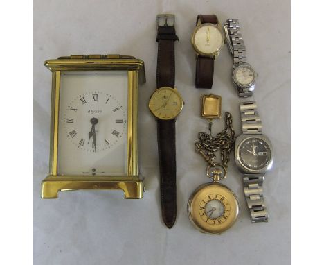 A box containing a Duverdrey Bloquel of France brass three glass carriage clock, a yellow metal half hunter pocket watch, the