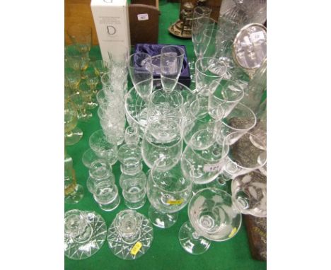 A collection of various glassware to include two enamel twist glasses with engraved wild rose decoration, five Dartington win