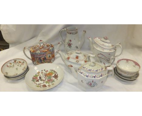 A collection of 19th Century New Hall type teapots, a New Hall type coffee pot, a collection of New Hall type 19th Century sa