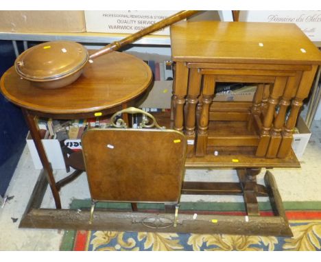 A collection of furniture etc, to include a modern oak nest of three rectangular side tables, a small oak coffee table, an ov