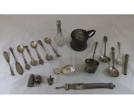 A box of assorted silver and white metal wares to include a Victorian glass scent bottle, lidded mustard, caddy spoon, variou