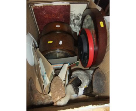 A box containing an early 20th Century iron hula hoop, a collection of die cast vehicles to include Lledo "Days Gone" and Lle