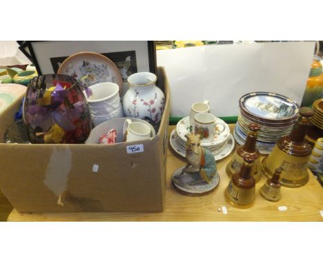 A box containing a Wedgwood jasperware jardinier, various Coronation mugs and a collection of Thai silk painted pictures, tog
