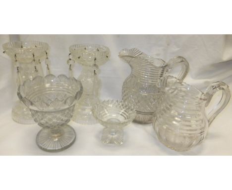 A box containing a collection of 19th Century and later glassware, to include two table lustres, cut glass jugs, a pair of 18