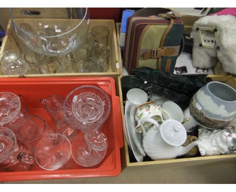 Two boxes of assorted glassware to include three champagne saucers, various jugs, etc., a box of assorted decorative china to