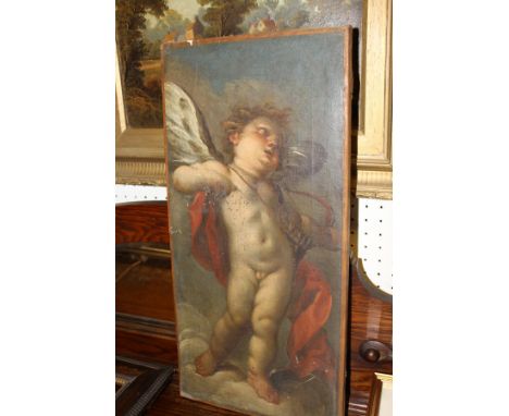 ITALIAN SCHOOL "Study of cherub upon a cloud with red sash", oil on canvas, unsigned CONDITION REPORTS Painting is crazed all