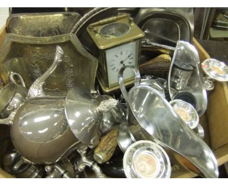 A box of assorted plated wares, to include candelabra, rose bowl etc, together with a stainless steel sauce boat, brass five 