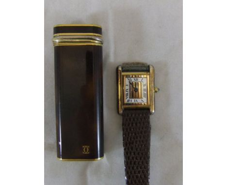 A Cartier tank quartz vermeil wristwatch with silver gilt case and tri-colour gold and enamel set dial stamped "80913366001" 
