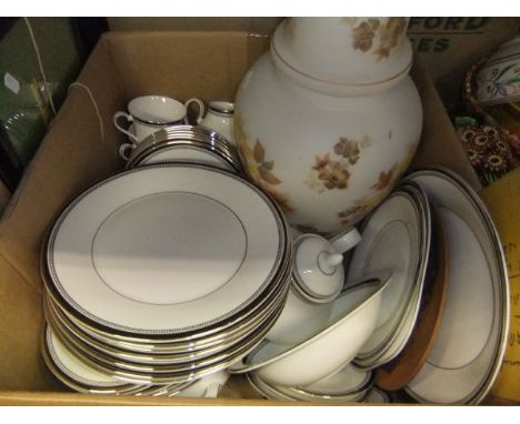 A box containing various Royal Doulton "Sarabande" dinnerwares, an opaline glass table lamp, etc., together with a collection