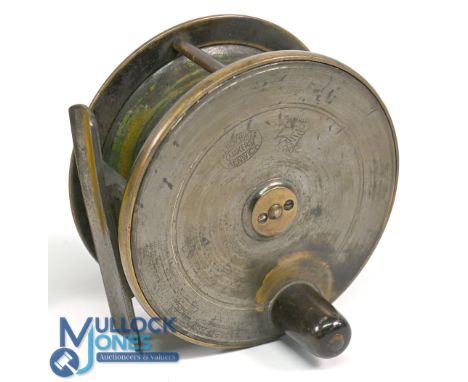 Hardy Bros brass salmon fly reel 4 ¼" wide spool, bone handle, constant check, 6 pillar frame, stamped enclosed oval logo and