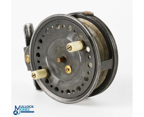 Wallace Watson unusual Walker Bampton 4" alloy drum casting reel with interesting pivoting foot brake, on/off check, rim tens