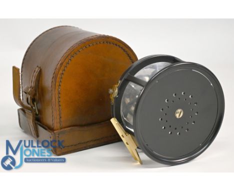 A fine Hardy Bros Perfect alloy salmon fly reel LHW, 4 ¼" wide perforated spool, domed bone handle, strapped milled rim tensi