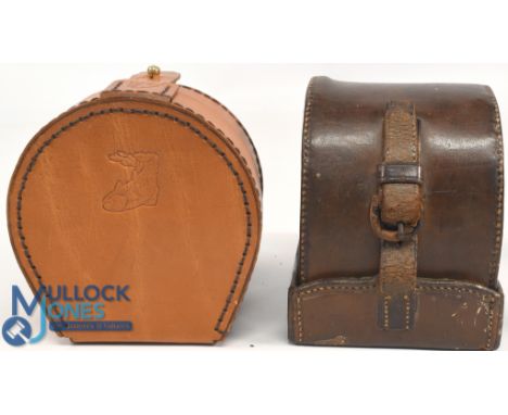 Unnamed 'D' shape block leather reel case, 3 ½" x 2", all stitching and hinge good, original strap and buckle, good patina. U