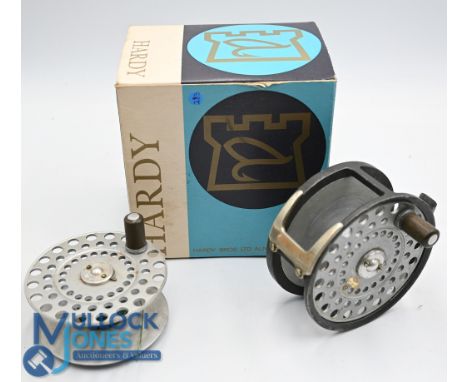 Hardy The Zenith Silent Check wide drum alloy fly reel, heavy duty line guide, smooth alloy foot, good, c/w spare spool in Ha