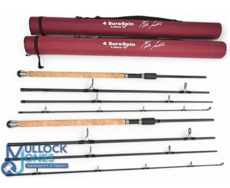 2x 4 SureSpin Mike Ladle carbon spinning rod, 10ft 4pc, 22" handle with down locking reel seat, lined rings throughout, Cordu
