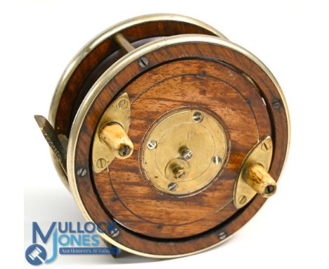 Scarce Hancock, Maker, Holborn London, walnut centre pin reel c1880 with nickel silver rims, brass foot, twin white handles, 