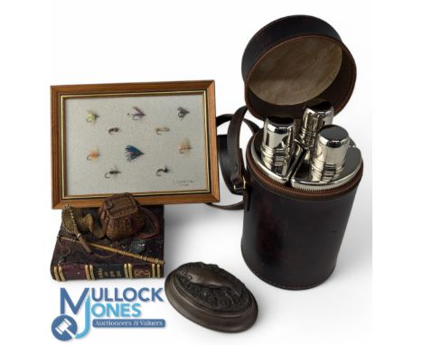 Fishing ephemera – to include a Sporting Travelling set of triple glass bottles with white metal caps within leather carry ca