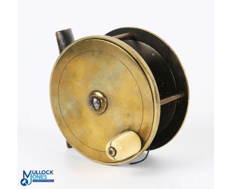 C Farlow &amp; Co Maker, 191 The Strand, London 3.5" brass fly reel, domed horn handle (with split), small dent to face, 3 pi