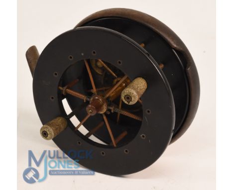 Unnamed Coxon Aerial wood, ebonite drum and brass star back 4" centrepin reel with ebonite front and rear flanges, caged spoo
