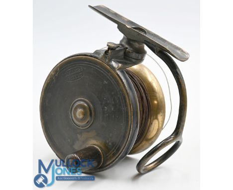 Malloch of Perth 3 ¼" brass side caster reel with maker's oval logo, constant check, slide button to twisting foot, appears G