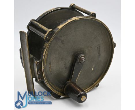 J McGowan of London 4 ¼" bronzed brass salmon fly reel c1870 with anti-foul rim, raised gear housing, black handle, pillared 