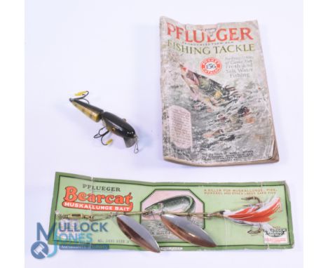 Pflueger, USA No. 3796 red/white wooden lure, 2 3/4" with trebles and swivel, a Pflueger Mustang, USA 2 1/2" wooden bait, red