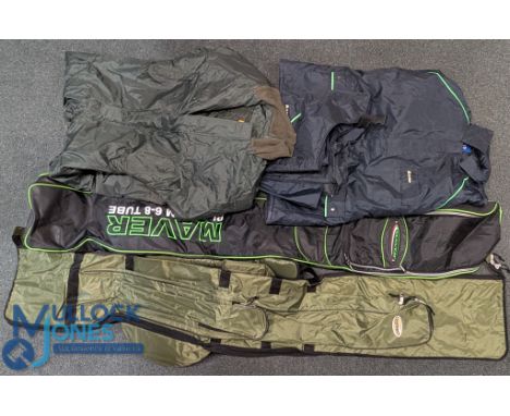 2x Fishing rod and tube storage travel bags, plus a waterproof lined fishing jacket and trousers. The bags made by Maver for 