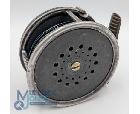 Hardy Perfect 3 3/4" wide drum alloy salmon fly reel, black handle, rim tension regulator, correct ribbed brass foot, origina