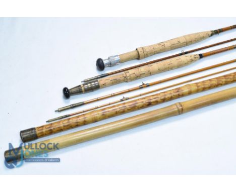 An unnamed split cane trout fly rod 9ft 3pc with brass fittings, red agate butt/tip ring, Allcocks cloth bag; unnamed split c