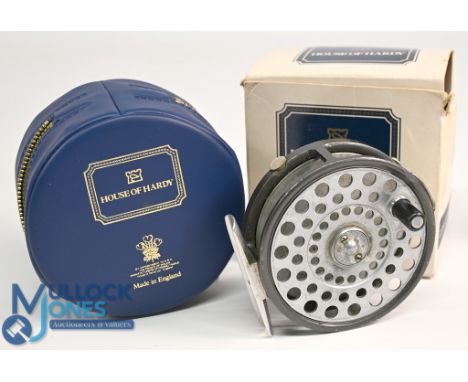 Hardy Bros LRH Lightweight 3 1/8" alloy trout fly reel with black handle, smooth alloy foot, U shaped line guide, rim tension