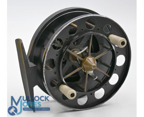 Lemax Swiss Aerial reel 3 ½" centre pin reel twin handles, quick release spring latch, perforated flange, black finish, on/of