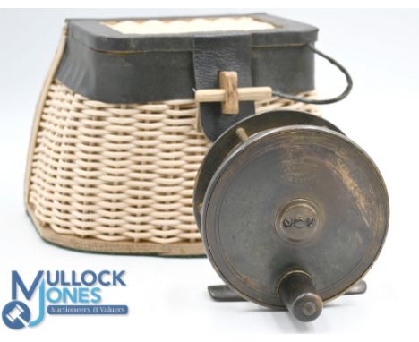 Macleay Inverness brass plate wind reel, 3 ½" spool, large brown handle, 6 pillar frame with full brass foot, strong check, g