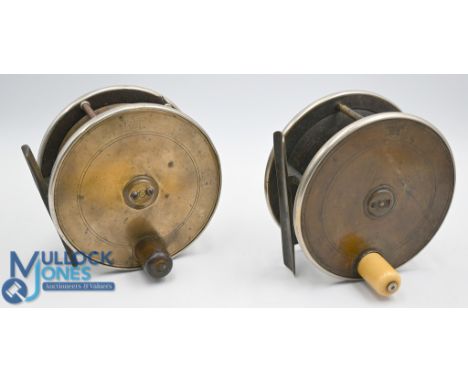 P D Malloch brass and ebonite salmon fly reel, 4 ½" wide spool, white handle, good check, 6 pillar frame with full foot and n