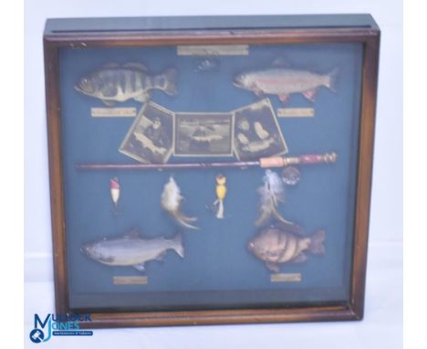 American Angling Fishing Diorama, a display case of Largemouth Bass, Rainbow Trout, Coho Salmon and Bluegill, in a wooden cas
