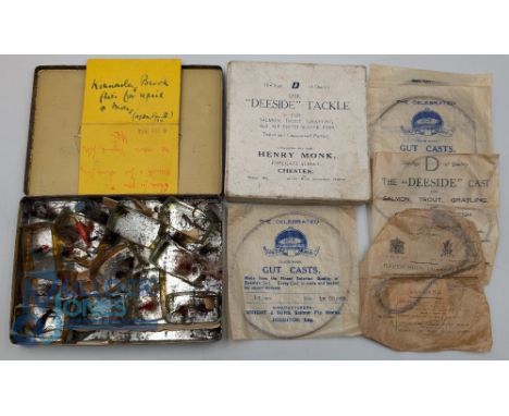 Heny Monk Fishing Tackle Box to contain gut cats x5 Redditch, and one Hardy, plus a tin of brook flies c1934 with a handwritt