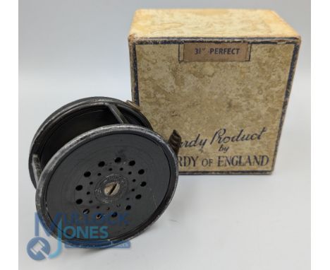 Hardy Perfect 3 3/4" wide drum alloy salmon fly reel, black handle, rim tension regulator, correct ribbed brass foot, origina