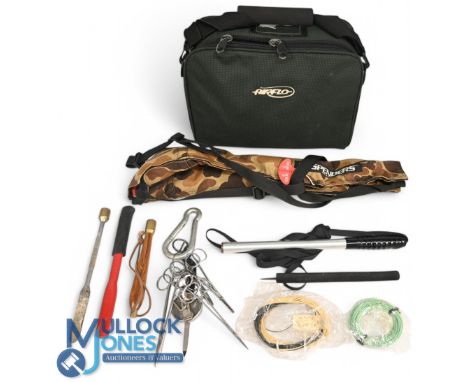 A collection of fishing tools and accessories, as follows: Airflow reel brief with 10 sections and shoulder strap, with 8 CST