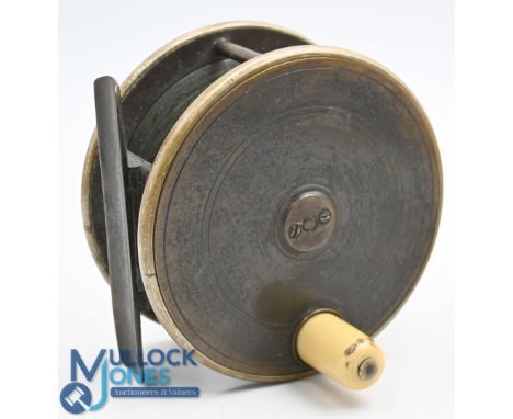 Malloch of Perth maker 4" ebonite and brass salmon reel with six pillar construction, rolling pillar, maker's details, white 