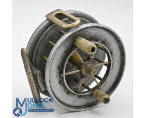 Allcock Aerial Popular 3" alloy centrepin reel with a 'Heaton' style line guide, twin handles, six spoke, brass foot, pillare