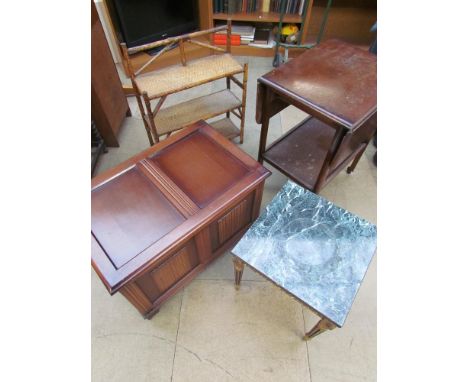 A bamboo hanging shelf unit together with an oak coffer, a faux onyx occasional table and an oak tea trolley