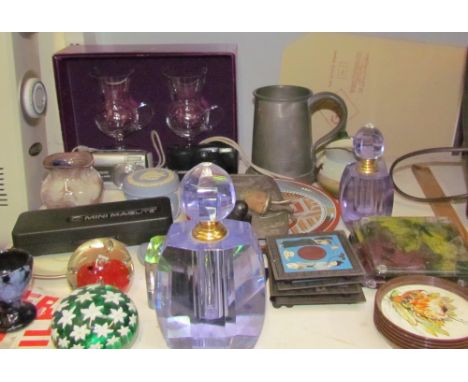 A pewter tankard, mag light, glass scent bottles, etc